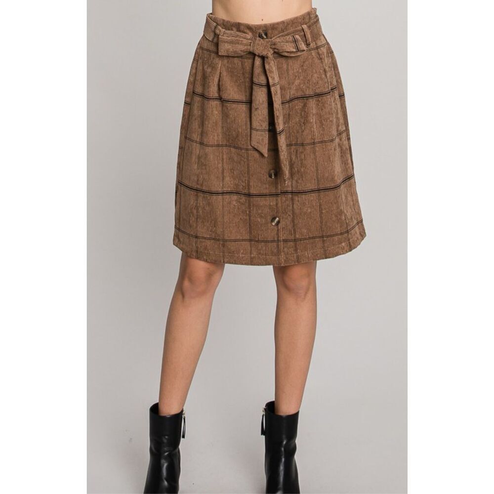 Brown Plaid Corduroy tie waist skirt